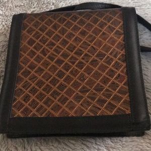 Vintage Roberto Vascon Black Leather Embossed Metalic geometrical Gold L